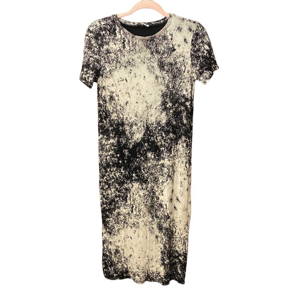 Zara Ribbed Black White Shift Dress Abstract Smudge midi Dress Medium